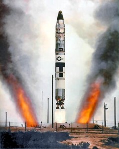 A U.S. Air Force LGM-25C Titan II ICBM undergoes a test launch from an underground silo. Unlike Titan I missiles, which had to be raised to the surface before launch, the Titan II’s liquid rocket engines were ignited while it was still in the silo. Therefore the silo had to be constructed with flame and exhaust ducts as shown in this photograph.